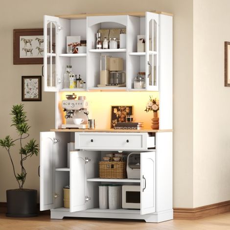 Meuble de Cuisine Haut, 100 x 38 x 178 cm, avec LED RGB, 2 Portes en Verre Trempé, 1 Tiroir, Design Vintage, Blanc (1/5)
