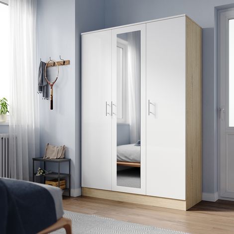 ELEGANT Wardrobe Triple Door with White Oak High Gloss Bedroom Closet Storage Furniture with Mirror and Multiple Shelves 1200 x 500 x 1800 mm (1/5)