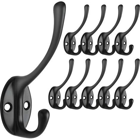 Set mit 10 Wandhaken, Schwanenhalshaken, Doppelwandhaken, Metallhaken mit 20 Schrauben für Kleiderschrank, Badezimmer, Küche (schwarz) (1/5)
