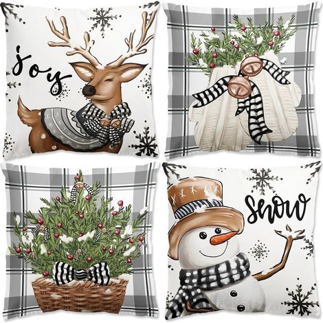 Set di 4 federe natalizie con decorazione a forma di renna bianca e grigia. Federa natalizia 45 x 45 cm, federe a quadri per decorazioni natalizie da interno, decorazioni invernali per soggiorno, diva