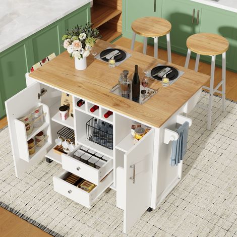 Carro de servicio con 2 taburetes, carro de cocina y superficie de trabajo plegable con soporte para toallas, estante para especias, estante para vino y estantes ajustables, para comedor, sala de esta (1/5)