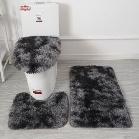 Tapis de Bain Antidérapant Absorbant 3PCS Tapis Salle de Bain+Tapis Contour Toilette +Couverture de Couvercle Toilette-Noir Gris