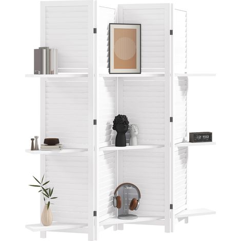 Paravent intérieur en bois 4 panneaux 160 x 170 cm, séparateur de pièce pliable avec 3 étagères, cloison de séparation pour salon, chambre à coucher, maison, blanc (1/5)
