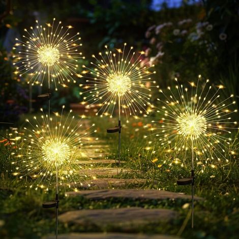 Set di 4 luci solari da giardino per esterni, 120 LED effetto fuochi d'artificio solari, luci solari impermeabili effetto dente di leone per cortile, prato, feste, patio (bianco caldo)