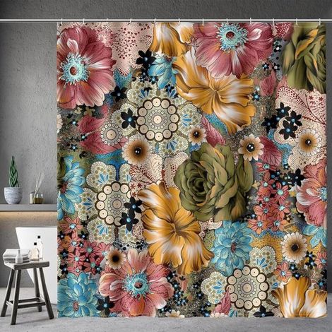 Cortina de ducha bohemia con estampado floral multicolor, estilo étnico bohemio, ideal para la decoración del baño, cortina de baño, 180 x 180 (1/5)