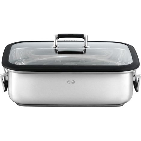 RÖSLE SILENCE PRO Teglia rettangolare, teglia di alta qualità con coperchio in vetro, acciaio inossidabile 18/10, adatta al forno, adatta all'induzione, lavabile in lavastoviglie, argento (1/5)