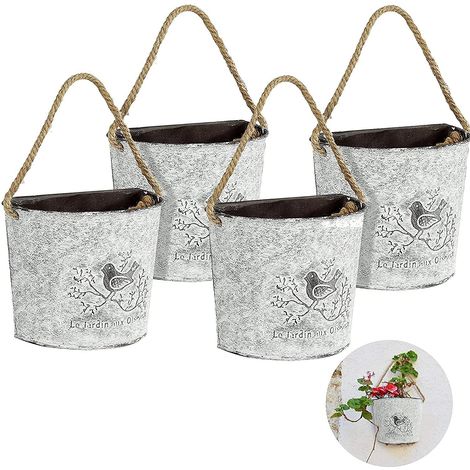 Lot de 4 seaux vintage rétro en métal - Seau de fleurs en métal - Pour montage mural à l'intérieur et à l'extérieur - Décoration d'intérieur et de jardin. (1/5)