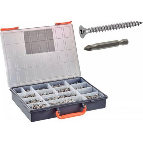 Coffret 1664 Pcs Vis Bois Aggloméré Tête Fraisée Pozidriv + Embouts - Inox A4 - D-Work (1/4)