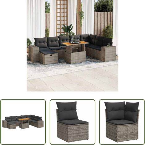 vidaXL Rattan - 9-tlg. Garten-Sofagarnitur mit Kissen Grau Poly Rattan Akazie (1/5)