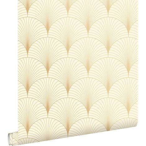 Papier peint intissé art déco beige et or – Dimensions 53cm x 10,05m – Raccord droit – Écologique avec encres à base d'eau – Estahome (1/5)