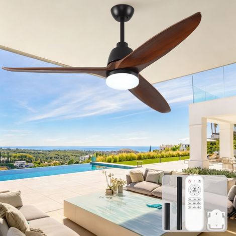 Hyundai Ventilateur de Plafond Bois 142cm avec Lampe LED, Moteur DC Silencieux Télécommande 6 Vitesses, Dimmable 3CCT, Noir et Noyer Foncé