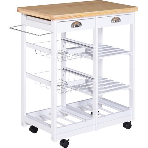White Rolling Kitchen Island Trolley Cart with Drawer, Shelves, Wheels, Basket, and 6-Bottle Wine Rack