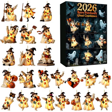 Calendrier d'Halloween en boîte surprise, compte à rebours de 24 jours, pendentif fantôme rétro patchwork en acrylique, coffret cadeau (version M) (1/2)