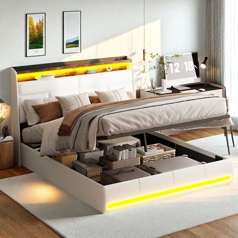 Bett mit Kasten 140x200cm, Doppelbett für Erwachsene 140x200 cm, Gepolstertes Bett mit Stauraum, LED-Beleuchtung, Lattenrost inkl., Weißes PU