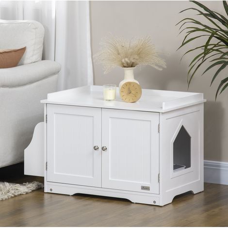 Meuble pour litière pour chat avec cloison réglable et portes magnétiques, blanc DESVIAE (1/5)