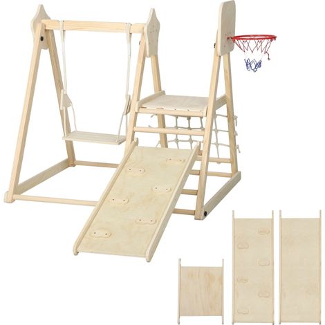 Structure d’escalade intérieure 5-en-1 pour enfants avec toboggan, balançoire, filet, panier de basket pliable en bois naturel (1/5)