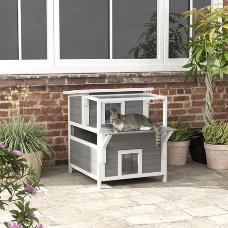 Animal Maison pour chats 2 niveaux avec balcon abrité toit ouvrable extérieur intérieur - gris clair