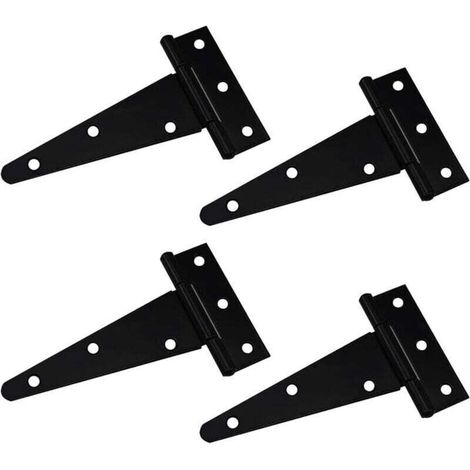 Charnières en T, charnière triangulaire, robuste, galvanisée, 10 cm (4 pouces), noire. Idéale pour suspendre portes de placard, portails de jardin, caisses en bois. Lot de 4. (1/4)