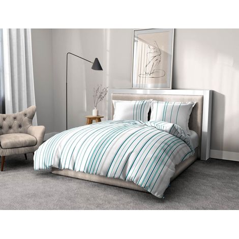 Parure de Couette 220x240 cm 100% Coton 57 Fils Housse + 2 Taies Motif Blanc Bleu (1/5)