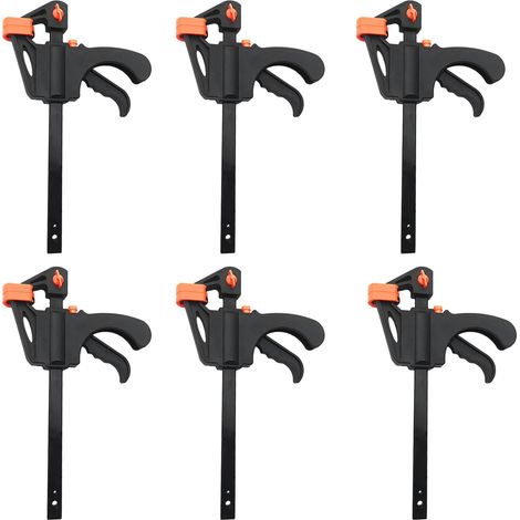 Set of 6 4-inch woodworking clamps, ratchet clamping tool, F-shaped bar clamp, spring-loaded quick-release handle clamp, ratchet trigger, wood clamps (1/5)