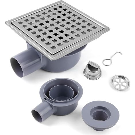 Siphon de douche en acier inoxydable 15 x 15 cm avec siphon anti-odeurs et caniveau d'écoulement, siphon à 360 °, drainage rapide pour l'extérieur, balcon, cour (1/5)