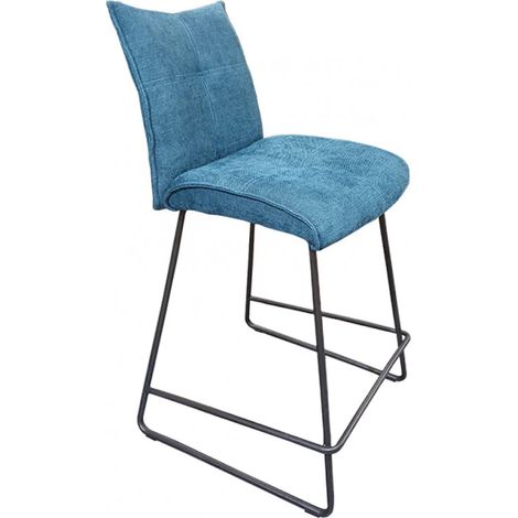 Chaise de bar en tissu bleu chiné – Assise rembourrée 63 cm – Piètement métal noir époxy – Élégante pour intérieur moderne – Meubletmoi (1/5)