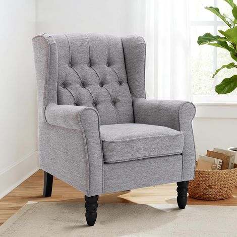 Fauteuil Vintage Mi-Siècle, Fauteuil à Oreilles Rembourré avec Capitonnage Boutonné, Housse en Tissu et Pieds en Bois Massif pour Salon, Bureau, Café - Gris Clair (1/5)