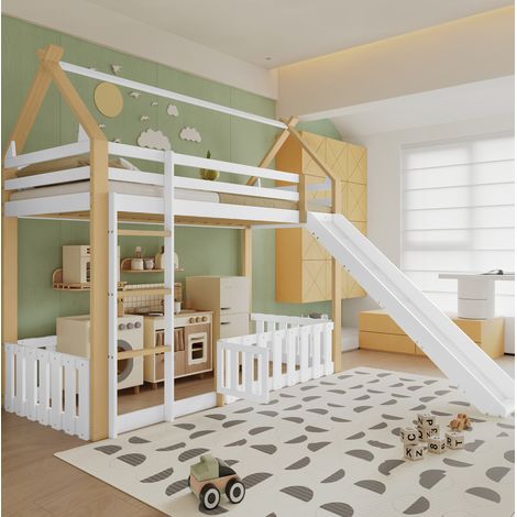 Lit mezzanine enfant avec toit et toboggan, bois massif+MDF blanc/naturel, 90x200 cm, échelle et sommier à lattes (1/5)