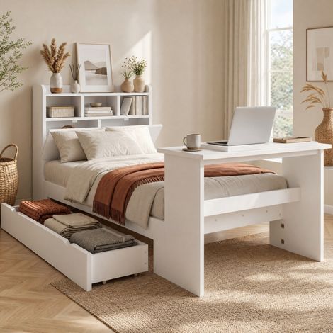 Cama individual con almacenaje 90x200 cm blanca con estantería en cabecero, cajón y mesa (1/5)