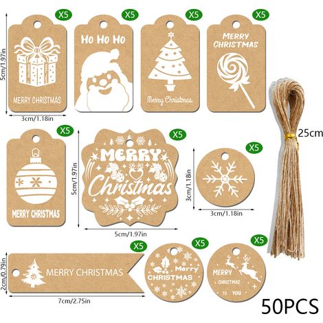 Cartons d'étiquette de Noël en papier kraft, 50 pièces + ficelle de chanvre, décorations arbre et cadeaux (1/2)