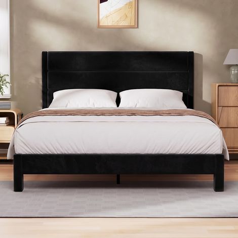 Cama Tapizada de Matrimonio 140x190 cm con Cabecero Tapizado, Espacio de Almacenaje bajo la Cama, 9 Patas, Terciopelo Negro (1/5)