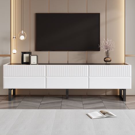 Meuble TV MDF et panneaux de particules noir et blanc 170 x 35 x 47 cm, 3 tiroirs, plateau brillant, pieds en fer (1/5)