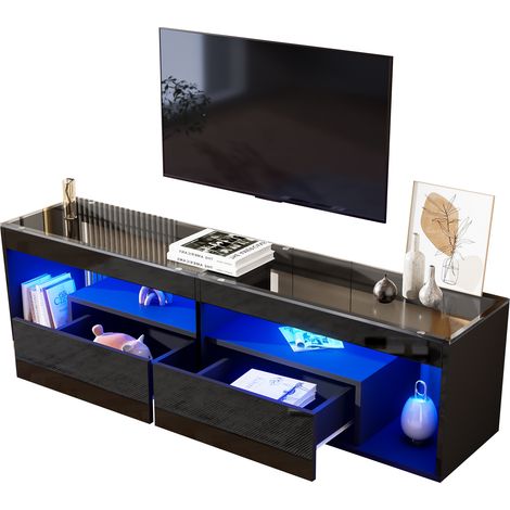 Mobile TV 180x40x46 cm con LED, 2 Cassetti, per TV fino a 70 Pollici, Finitura Lucida Nera, per Soggiorno e Camera (1/5)