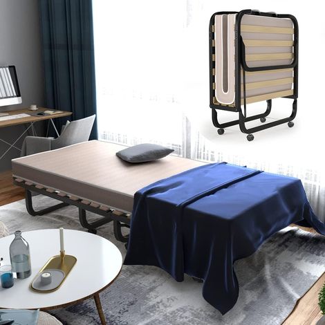 Costway – Lit pliant adulte 200x80cm – Matelas en mousse mémoire 10cm – 4 roues pour déplacement – Structure acier robuste – Pliable pour rangement compact (1/5)