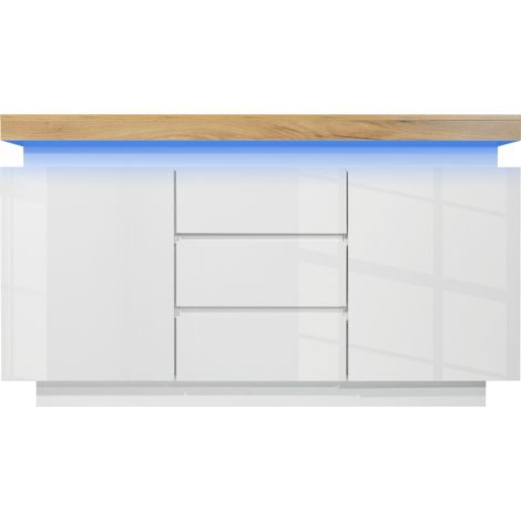 Commode, buffet laqué brillant avec 2 portes et 3 tiroirs, éclairage LED (contrôle par application), meuble polyvalent pour salon et chambre, 81 x 140 x 39 cm, blanc (1/5)