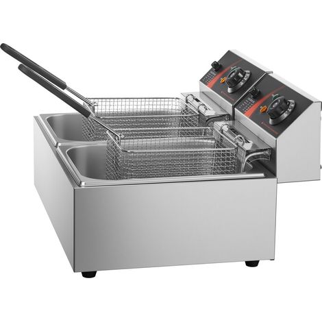 Friteuse double professionnelle 5000W, acier inoxydable alimentaire, contrôle de température réglable, deux paniers avec couvercle, nettoyage facile. (1/5)
