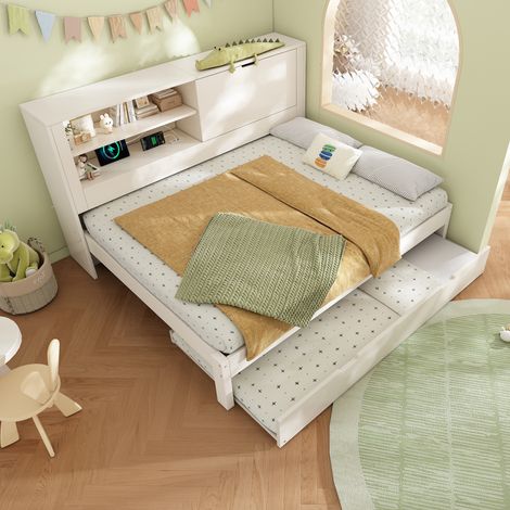 Canapé-Lit Blanc 140x190 cm avec Lit Gigogne 90x190 cm - Tête de Lit Rangement, Étagère Ouverte, Compartiment Caché et Charge USB