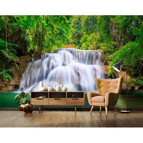 Vlies Fototapete Wasserfall 150x105 cm, Tapeten, für Wohn und Schlafzimmer, Vliestapete Wandtapete Tapete 3D Effekt- inkl. Kleister - Wald tropisch Landschaft Natur, WallArena (1/4)