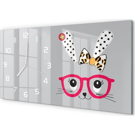Horloge Murale XXL 60x30 cm Design Moderne en Verre Trempé Salon Salle à Manger Lapin avec des lunettes (1/5)