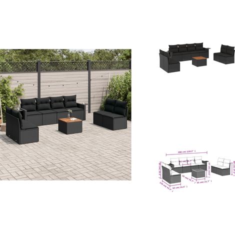 Salon de jardin 9 pcs avec coussins noir résine tressée - Ensemble Salon De Jardin - Meuble Extérieur - Jardin - Mobilier De Jardin - Chaise Lounge (1/3)