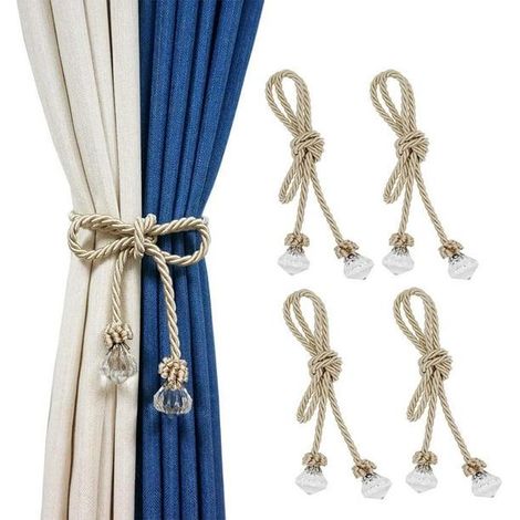 Embrasses de rideaux en corde avec cristal, lot de 4, beiges, décoratives, faites main, pour voilages et rideaux à la maison ou au bureau. (1/5)