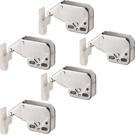 BUNTHAUS Federbelasteter Schranktürriegel, automatisches „Drücken zum Öffnen“-Verriegelung für Drehtüren, vernickelter Stahlriegel 34 x 28 x 10 mm und Kunststoffaufnahme 32 x 11 mm, 5er-Packung