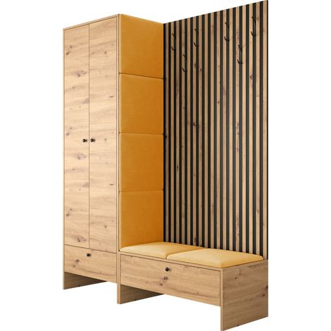 Mobilier1 – Ensemble de meubles d'entrée chêne artisan – Dimensions 206x145x44cm – Tissu stratifié – Panneau mural souple absorbant le son