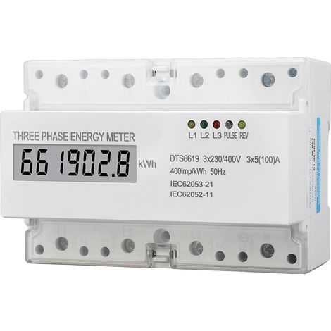 Drehstrom-Energiezähler für DIN-Schienenmontage, LCD-Anzeige, 230 V/400 V, 5–100 A (1/5)
