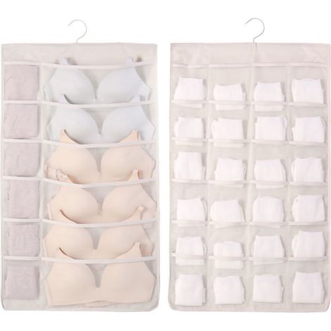 Organisateur de Soutiens-gorge Suspendu en Tissu Oxford Respirant, Double Face Grande Capacité pour Sous-vêtements et Chaussettes, Beige - 12 Pochettes Avant, 24 Arrière (1/5)