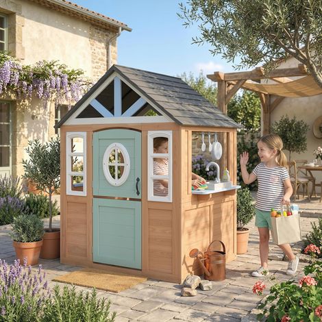 Casita Infantil Exterior e Interior de Madera con Puerta para Mascotas Cocina de Juguete Media Puerta Madera Natural (1/5)