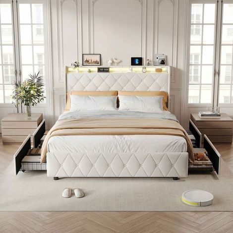 Cama doble - Cama 160x200 con almacenamiento - Terciopelo beige - LED integrada y USB-C - 4 cajones (1/5)