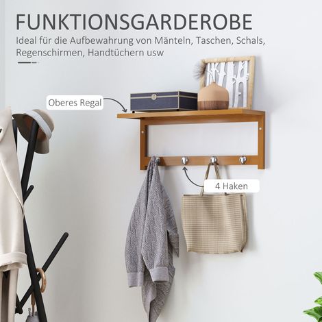 Porte-manteau mural en bois massif naturel, crochets design, rangement gain de place, 5 kg max, dimensions 50x16x17,5 cm