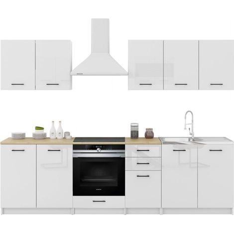 Dusine – Cuisine complète 7 éléments – Blanc laqué 2m60 – Espace pour four encastrable – Mélaminé certifié FSC – Fabrication européenne (1/3)