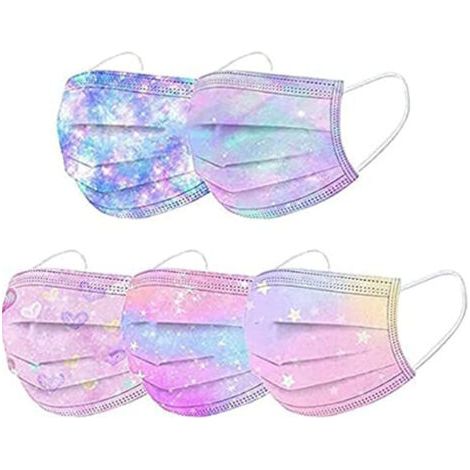 QORVA-Masque Couleur Jetable Adulte, 50 pièces Type Certifié CE Masques Émoticônes/Étoilé Imprimé Filtrant, 3 Couches de Protection Respirant et Confortable